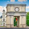 Triumphal Arch and Nativity Cathedral in Downtown Chisinau Moldova